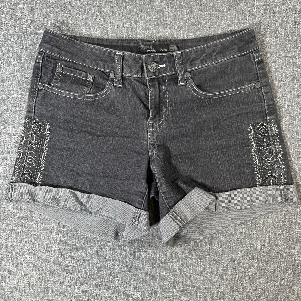 prAna Women's Denim Shorts Size 2/26 Gray‎ Organic Cotton Embroidered Cuffed